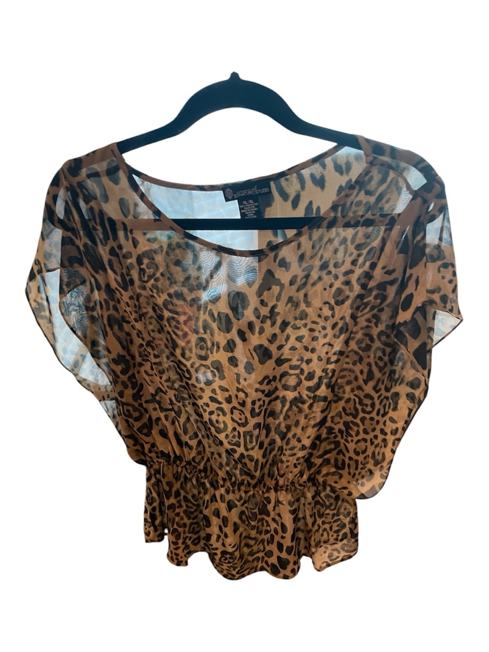 Signature Studio Brown and Black Leopard Print Sheer Blouse